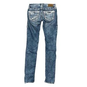 Big Star Jeans Distressed Embroidered Western Denim Thick Stitch 25 L Skinny Low